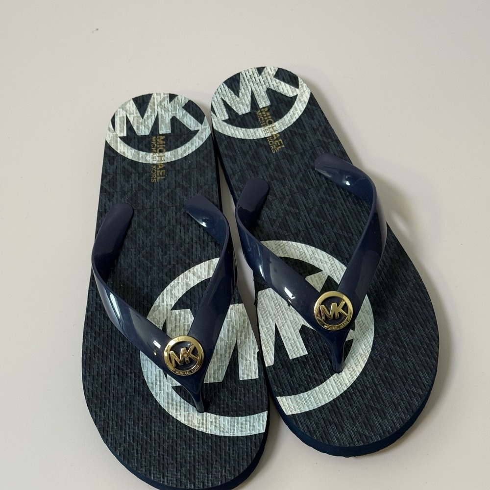 Michael Kors Jet Set Signature Flip Flops Navy Blue/White Logo Womens Size 8